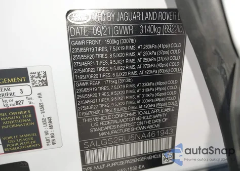 2022 Land Rover Range Rover Westminster из США, поврежденный, VIN SALGS2RU5NA461943